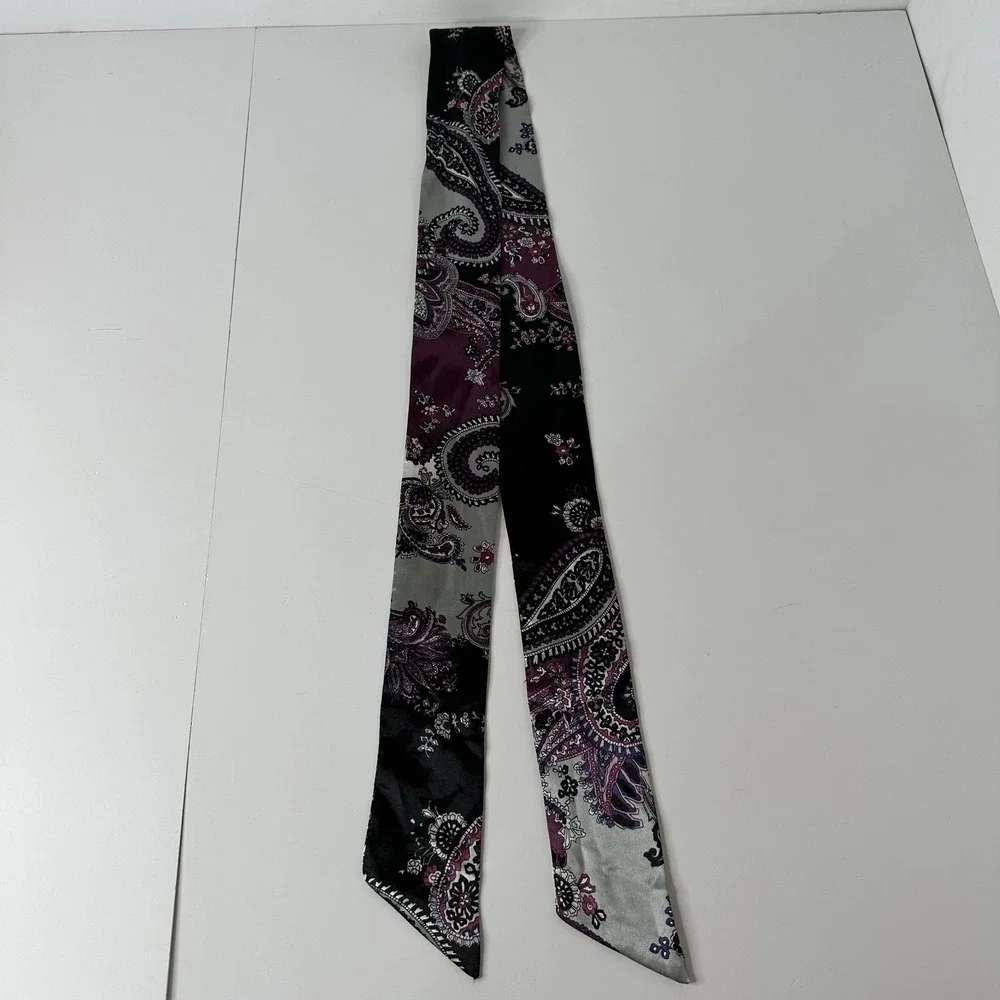Womens‎ Skinny Scarf Paisley Floral Black Silver Purple Satin Necktie Purse Hair